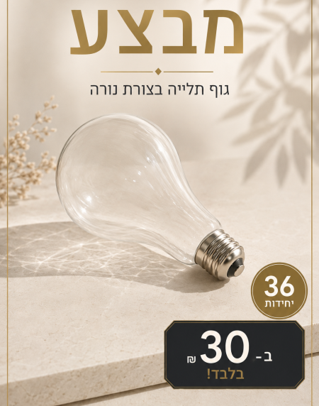 Beige promotional poster featuring a glass light bulb on a stone surface, with Hebrew text at the top and a circular badge showing '36 יחידות' plus a black tag reading '30 ש״ח בלבד!'